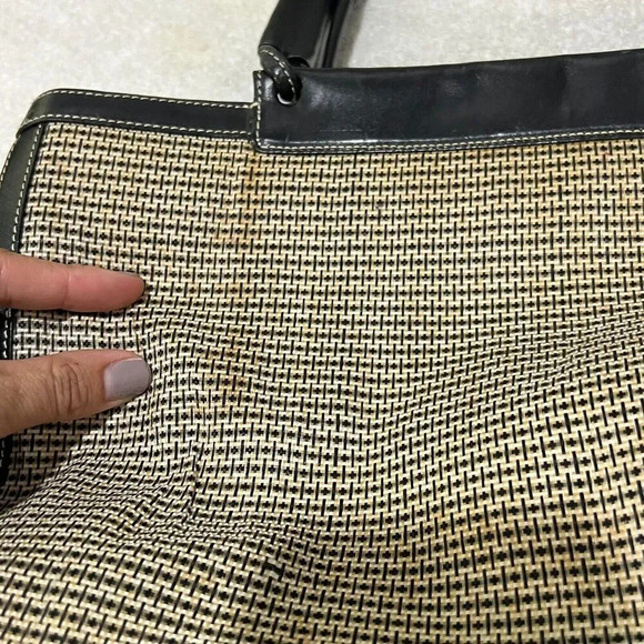 Tusk Womens Beige Black Shoulder Tote Bag Natural Woven Double Handle Large - Picture 5 of 14